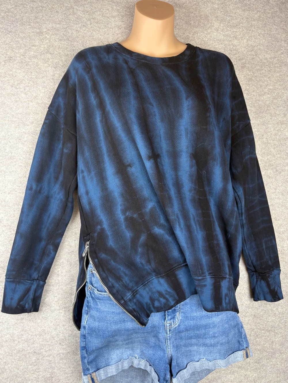 Sundry x Evereve Tie Dye Side Zip Tunic Sweatshirt Black Blue 0 XS